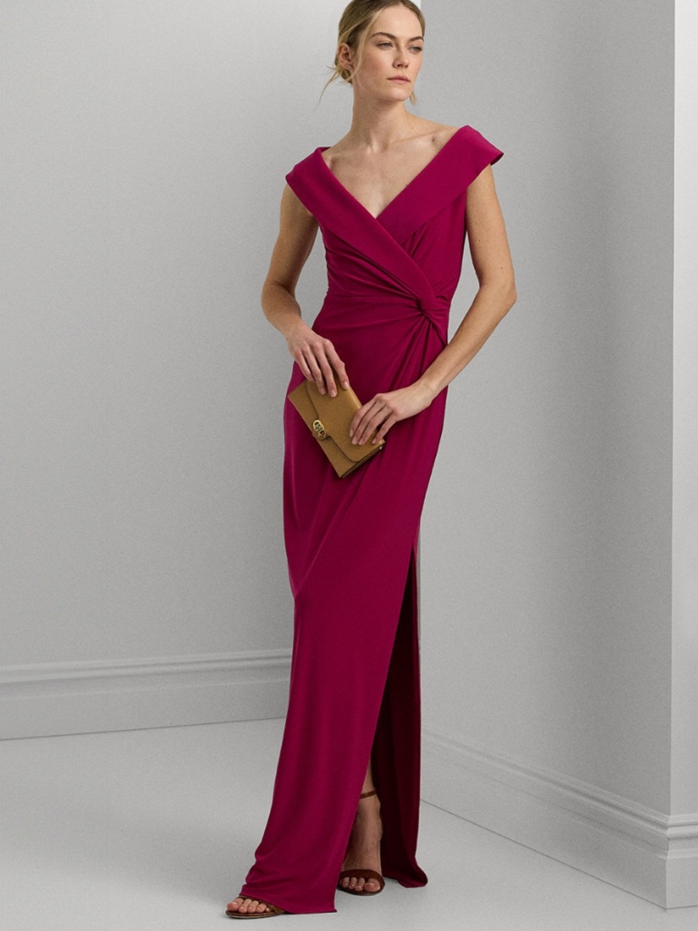 Lauren Ralph Lauren Off Shoulder Gown Size 16 NWT Pink Formal Dress Side Slit